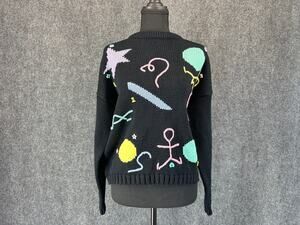 Vintage Jamie Scott Sweater L Black Abstract 80s 90s Funky Novelty Knit
